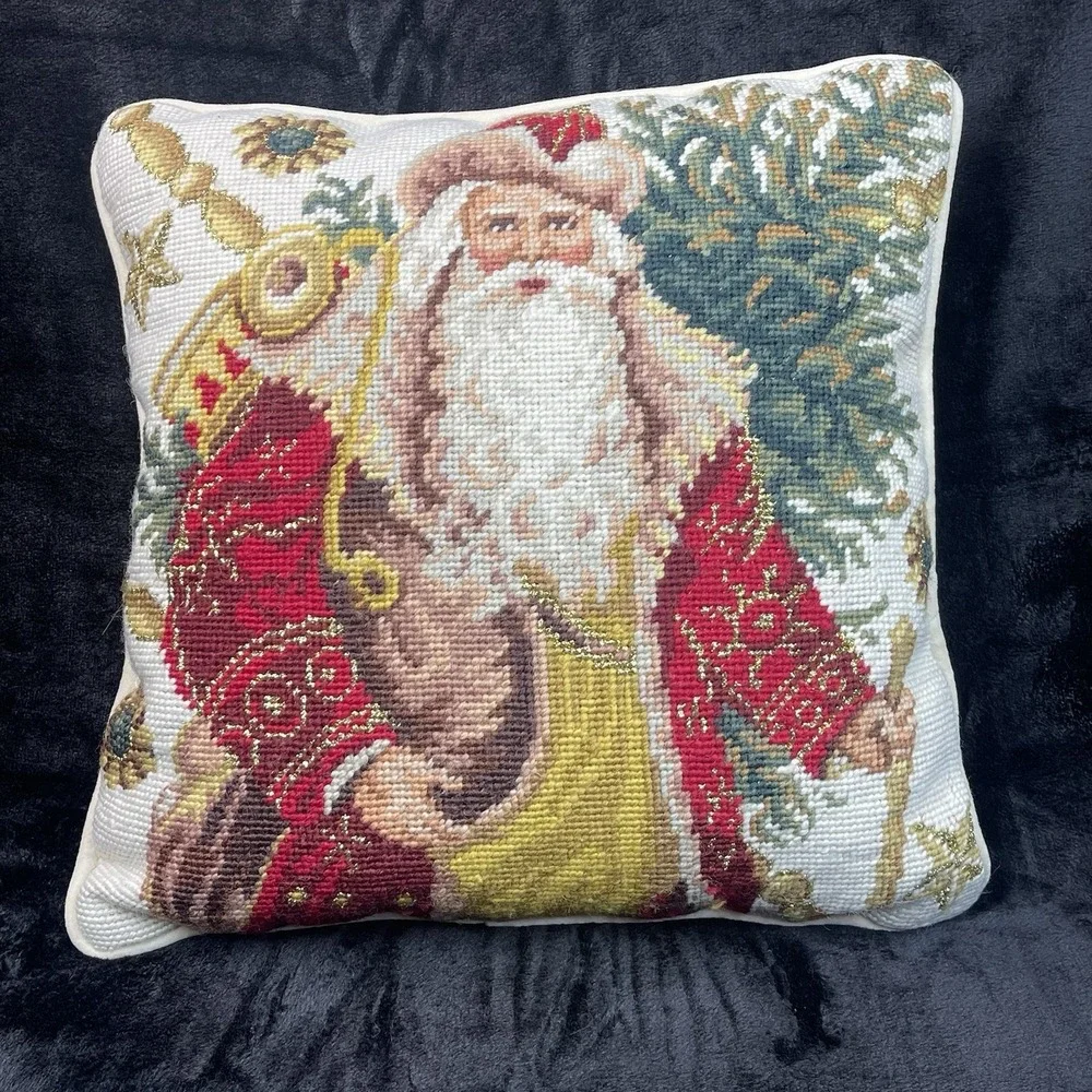 Vintage Needlepoint Santa Christmas Pillow 13x13 Holiday Decor Cushion